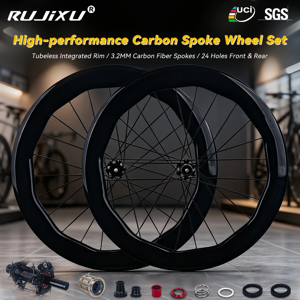 Ultra-Light Carbon Spoke Wheels, 60-65mm wide undulating rim, tubeless compatible mid-lock disc brake road bike parts