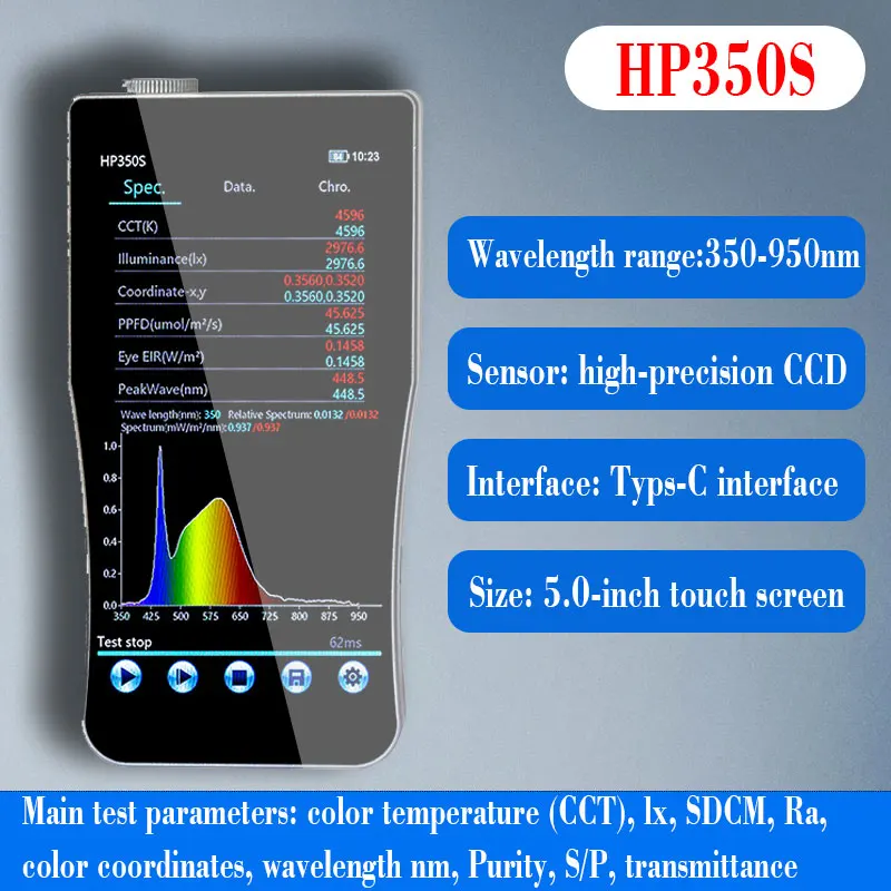 Spektrofotometr HP350S temperatura barwowa detekcji natężenia oświetlenia ręczny spektrometr światła o długości fali 350-950nm