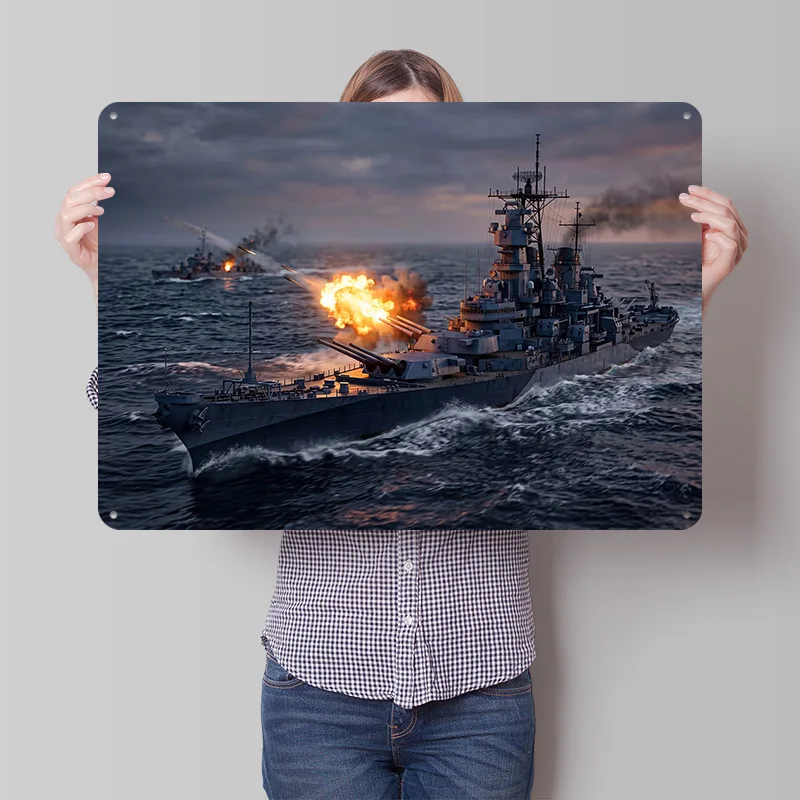 Battleship Firing Cannons At Sea Metal Poster Perfect Gift for Fans Lovers Personalized Wall Art Metal Sign for Office Decor
