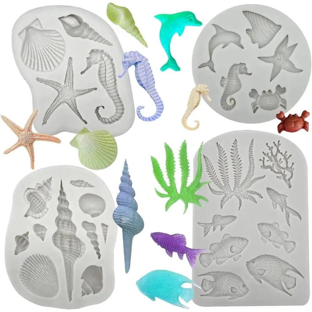 For 4PCS Marine Theme Fondant Silicone Mold Seaweed Sea Fish Crab Coral Conch Sea Shells Shape DIY Handmade Baking Tools