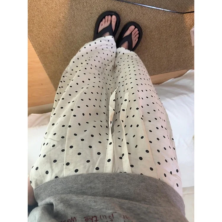Pantalones japoneses de lunares para mujer, sensación colgante fina, cómodos, hasta el suelo, holgados, de cintura alta, pierna recta, verano