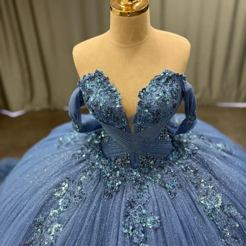 

Shiny blue Off Shoulder Quinceanera Dress sequin 3D flower applique Tull layering vestidos de 15 Quinceanera ﻿Customized