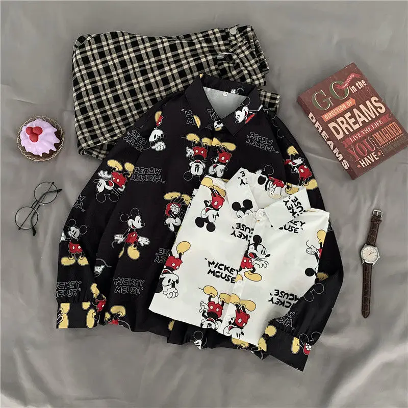 Korean Ins Disney Mickey Mouse Cartoon Long Sleeved Shirt Women Loose Plus Size Blouse Jacket Spring and Autumn New Style Coat