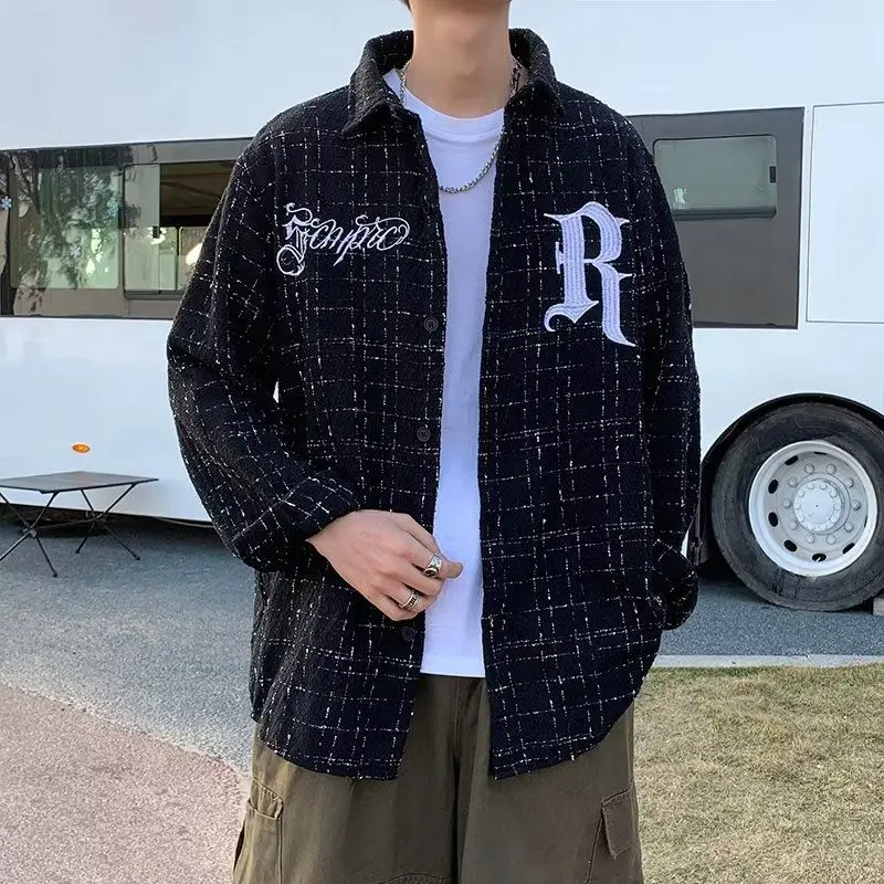 

Loose Street Sle Men's Long Sve Embroidered irt Vintage Plaid Design Casual Outerwear Polyester Youth Faion irt