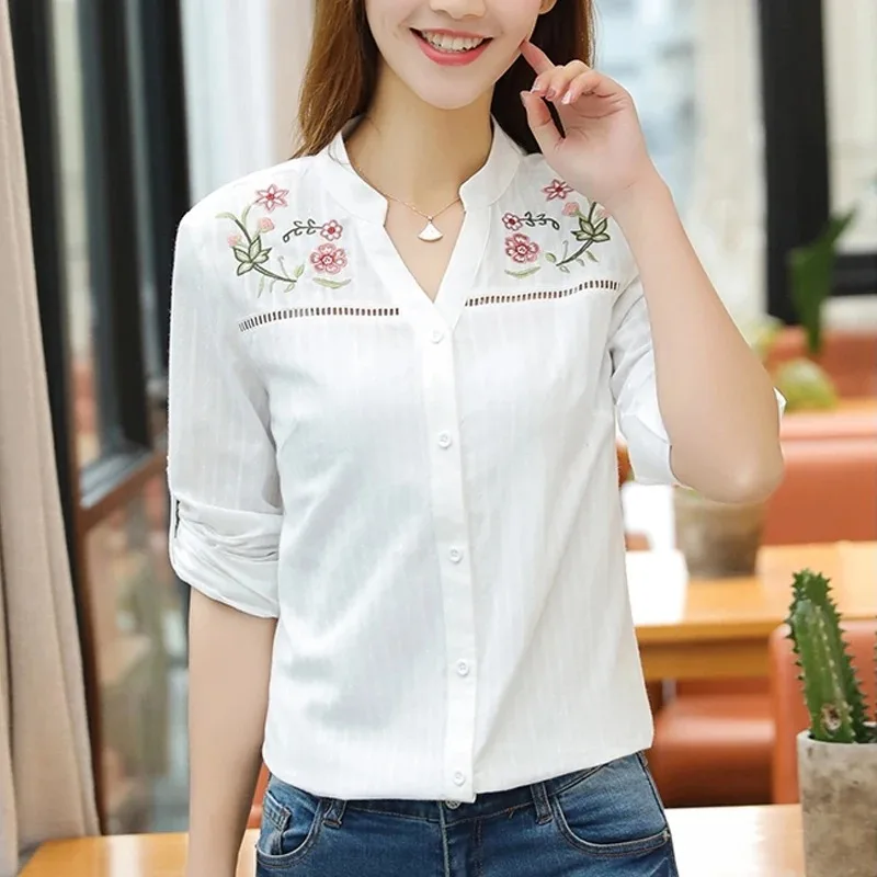 Fashion Floral Embroidery Women\'s Blouse Casual Long Sleeve Tops Elegant White Office Lady Shirt Women Clothing Blusas D839 30