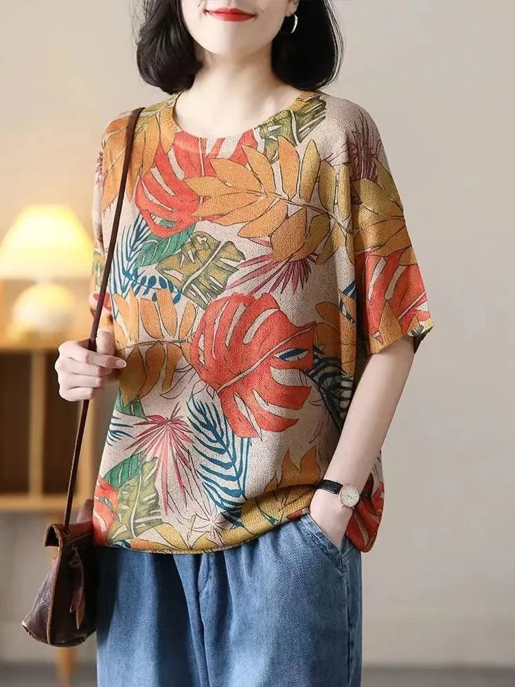 

Summer New Vintage Cotton Linen Loose Woman Print Tshirt Korea Ladies Womens Casual Big Size Pullover Knitted Tops E645