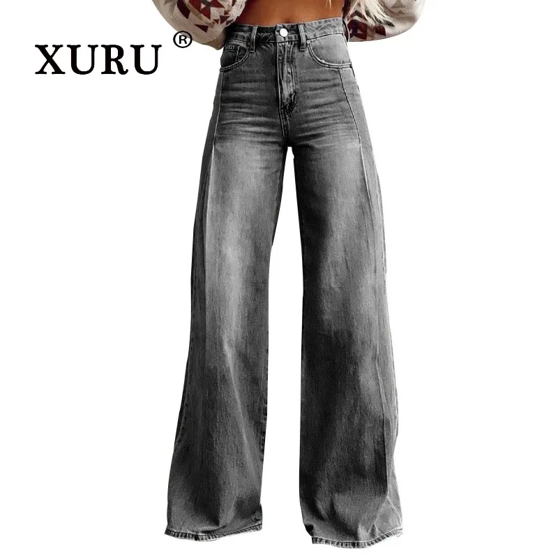 

XURU - New Women's Retro Wide Leg Jeans, Y2k Clothes High Waist Design Sensible Long Jeans, Men's Pants