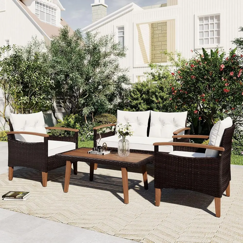 

4-Piece All-Weather Outdoor PE Rattan Sofa Set with Wooden Table and Legs, Ideal for Lawn, Backyard, Poolside, or Garden, Beige