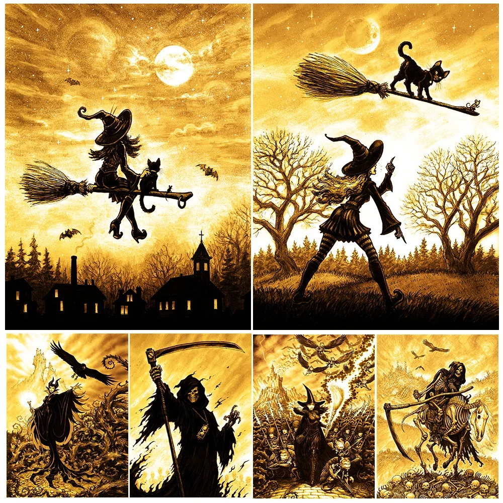 

Sea Witch,Death,Evil Witch And Bat Vintage Wall Art Canvas Painting Black Cat And Little Wizard On The Broom Art Poster Print