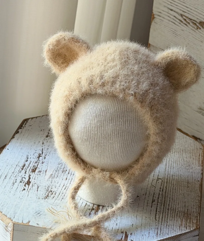 新生児写真撮影用小道具-赤ちゃん用のかわいい手作りニットの耳付きクマ帽子-スタジオ撮影用写真撮影アクセサリー小道具