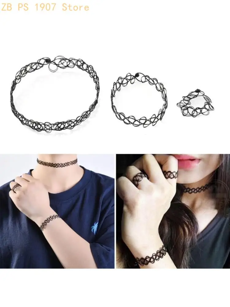 3 Pcs Tattoos Bracelet Ring Necklace Set 90s Accessories Women Teen Girls Kids Vibrant Pendant Charm Summer 55KA