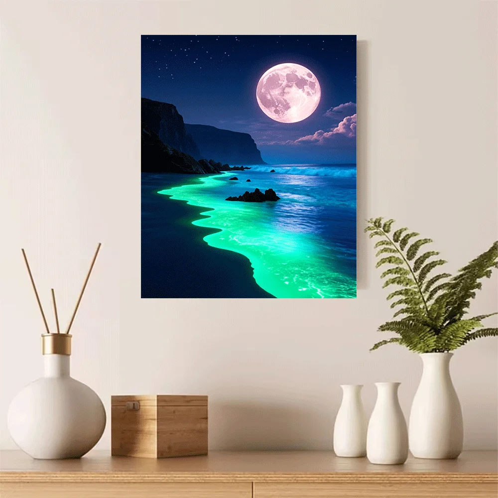 1PC-Canvas poster Unframed  Moonlit Beach Night Ocean Glow Landscape Art Print  summer
