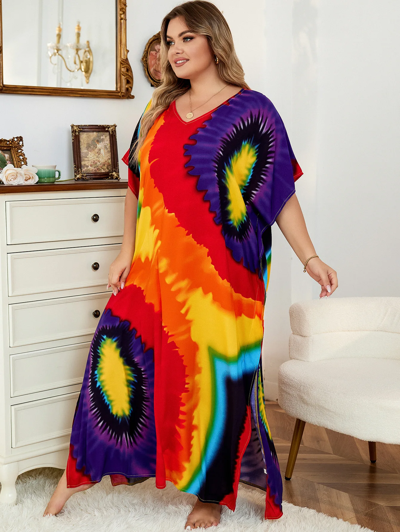 Odzież Plus Size Kobiety Kaftan Plus Size Poliester Letnia Kaftan Cover Ups Maxi House Dress