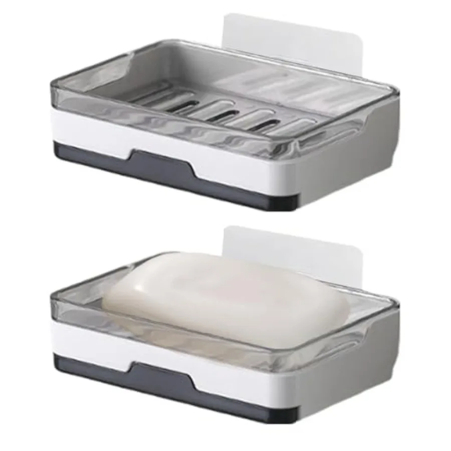 

2 pcs Self Adhesive Soap Dish with Drawer-Type Drip Tray and 2 No-Trace Adhesive Pad, Wall Mounted Soap Holder Shower Sink Bar