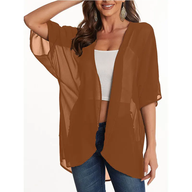 المرأة حجم كبير طباعة الأزهار خفيفة الوزن الشيفون كيمونو سترة قصيرة الأكمام فضفاضة ملابس الشاطئ التستر بلوزة لون نقي