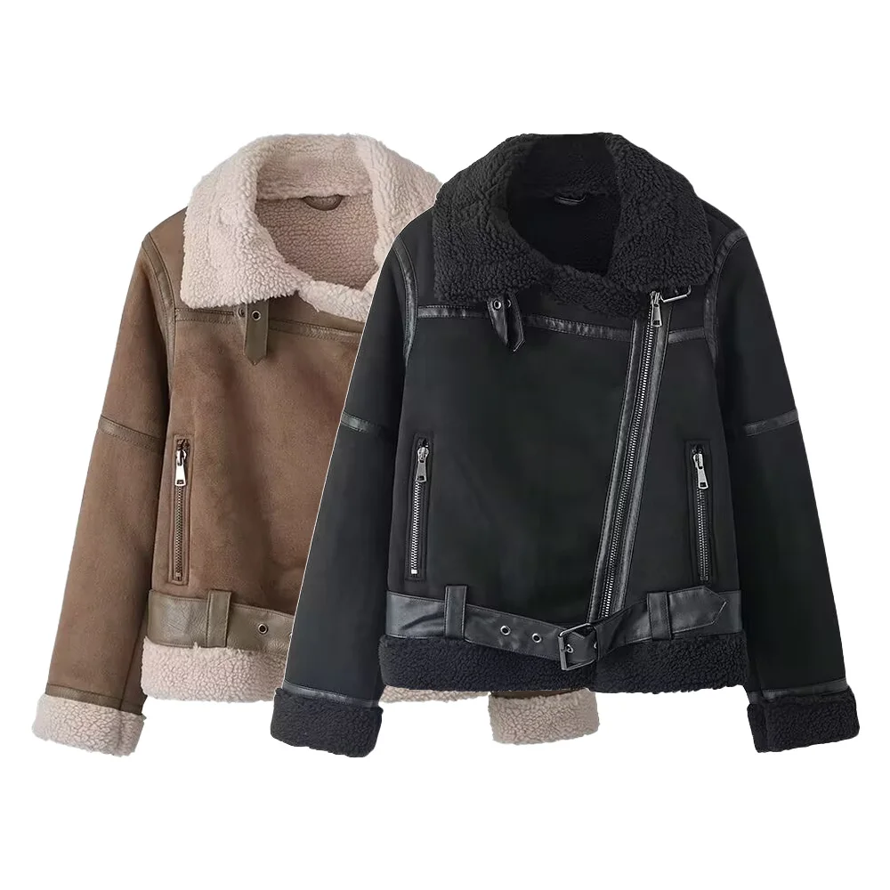 UNIZARA kadın yaka uzun kollu fermuar dekorasyon sonbahar ve kış yeni kuzu yünü motosiklet ceket ceket ceket