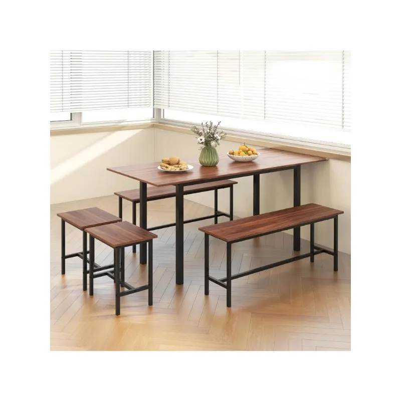 Dining Table Set for 4-6, 5-Piece Kitchen Table Chairs Set, 63” Extendable   with 2 Benches, 2 Stools, Dinette