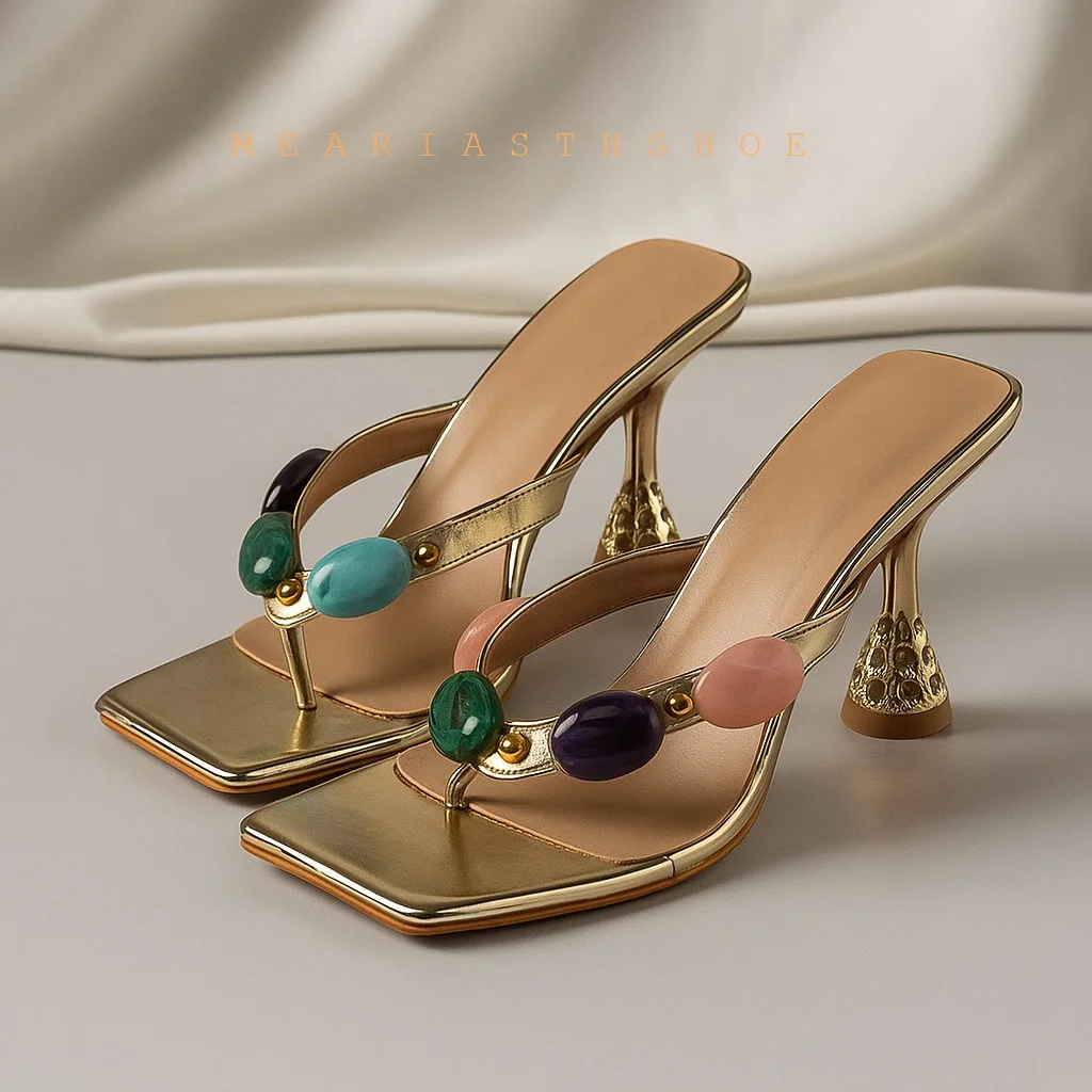 

Fashion Design Colour Gem Narrow Band Flip Flops Women Shoes Slipper Summer Party Low Heels Gladiator Sandals Female Mules shoes