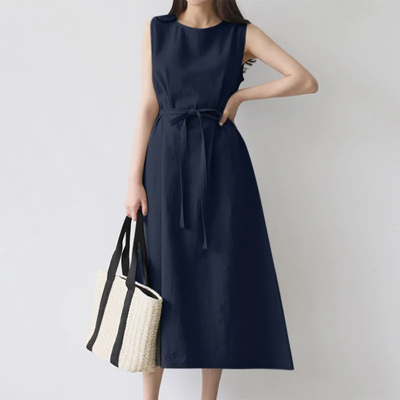 2023 Summer Women Fashion Loose Sleeveless Round Neck Solid Color Cotton and Linen Belt Long Large Size Dress  Vintage Dress