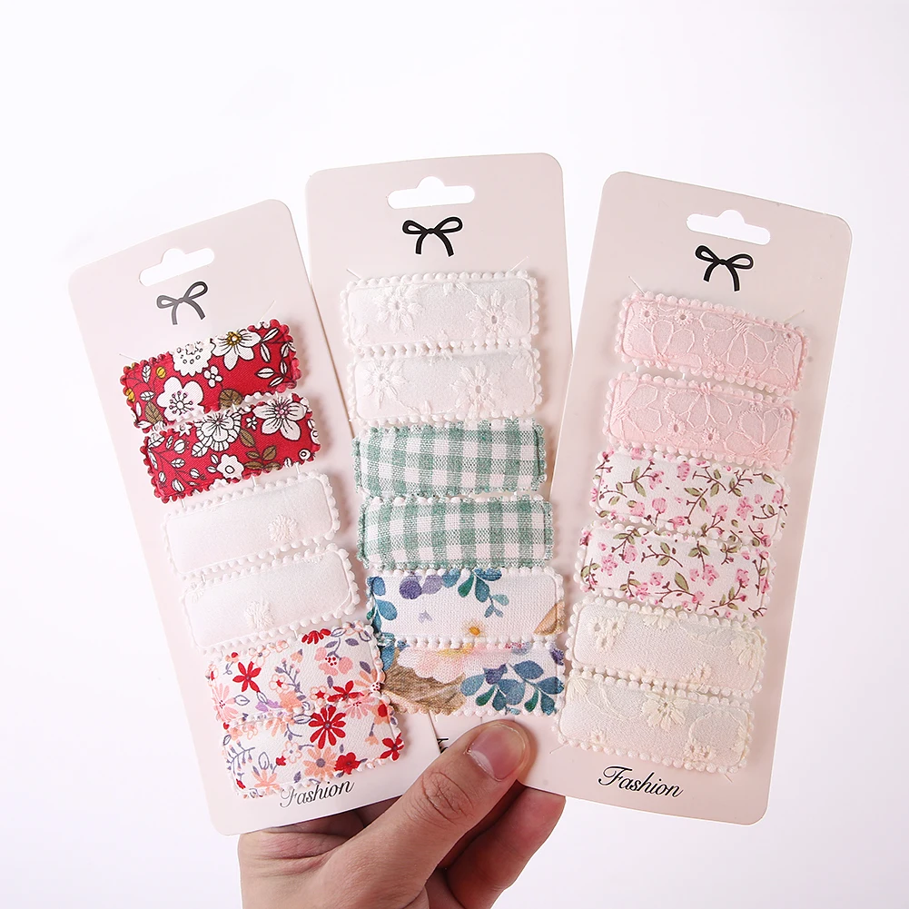 6Pcs/Set Fabric Barrettes Square Flower Print Snap Hair Clips for Baby Girls Infant Lace Embroidery Hairpins Handmade Hair Bows