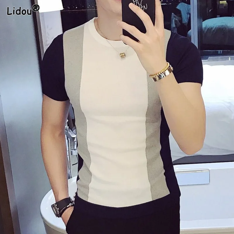 2023 Men\'s Clothing Short Sleeve Pullovers Handsome Thin Summer Patchwork Round Neck Fashion Striped Casual Straight T-Shirts