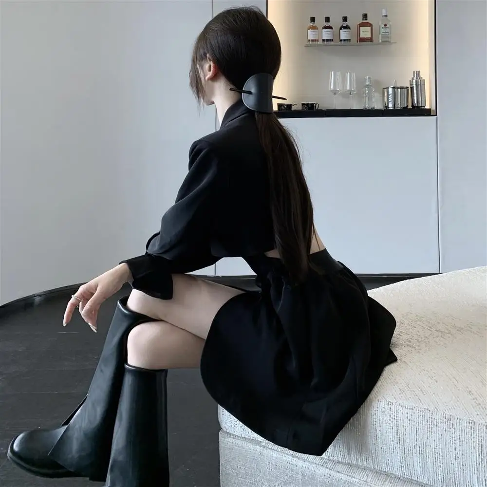 Suit Dress Women\'s Autumn New Style Sexy Hollow Out Design Short Skirt Temperament Light Mature Waist Cinched Long Sleeve Skirt