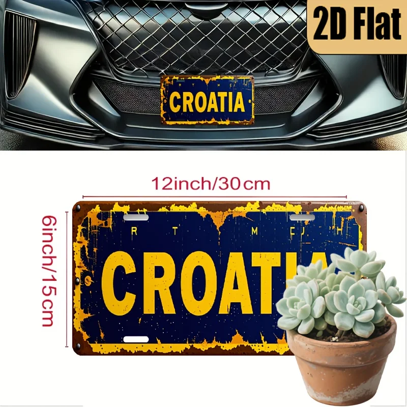 1pc Vintage European License Plate - Retro Croatia-Themed Decoration with Bold Yellow & Blue, 6x12 Inch (15x30cm) Aluminum Sign
