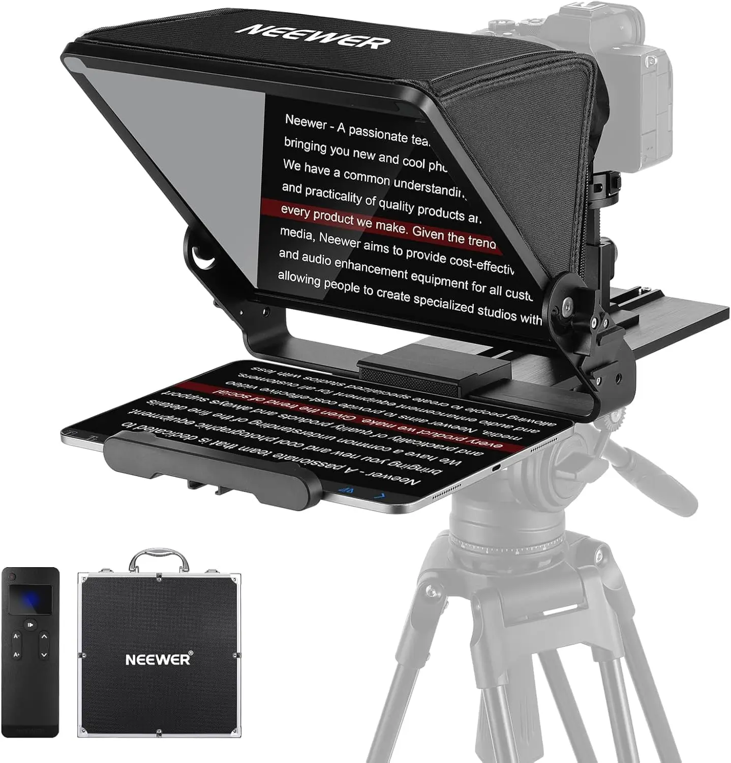 Teleprompter for iPad Tablets with Arca-Type Camera Mount, Cold Shoe, and Wireless Remote; App-Controlled, Perfect for Online Teaching, Vlogging, and Live Streaming – No Assembly Required