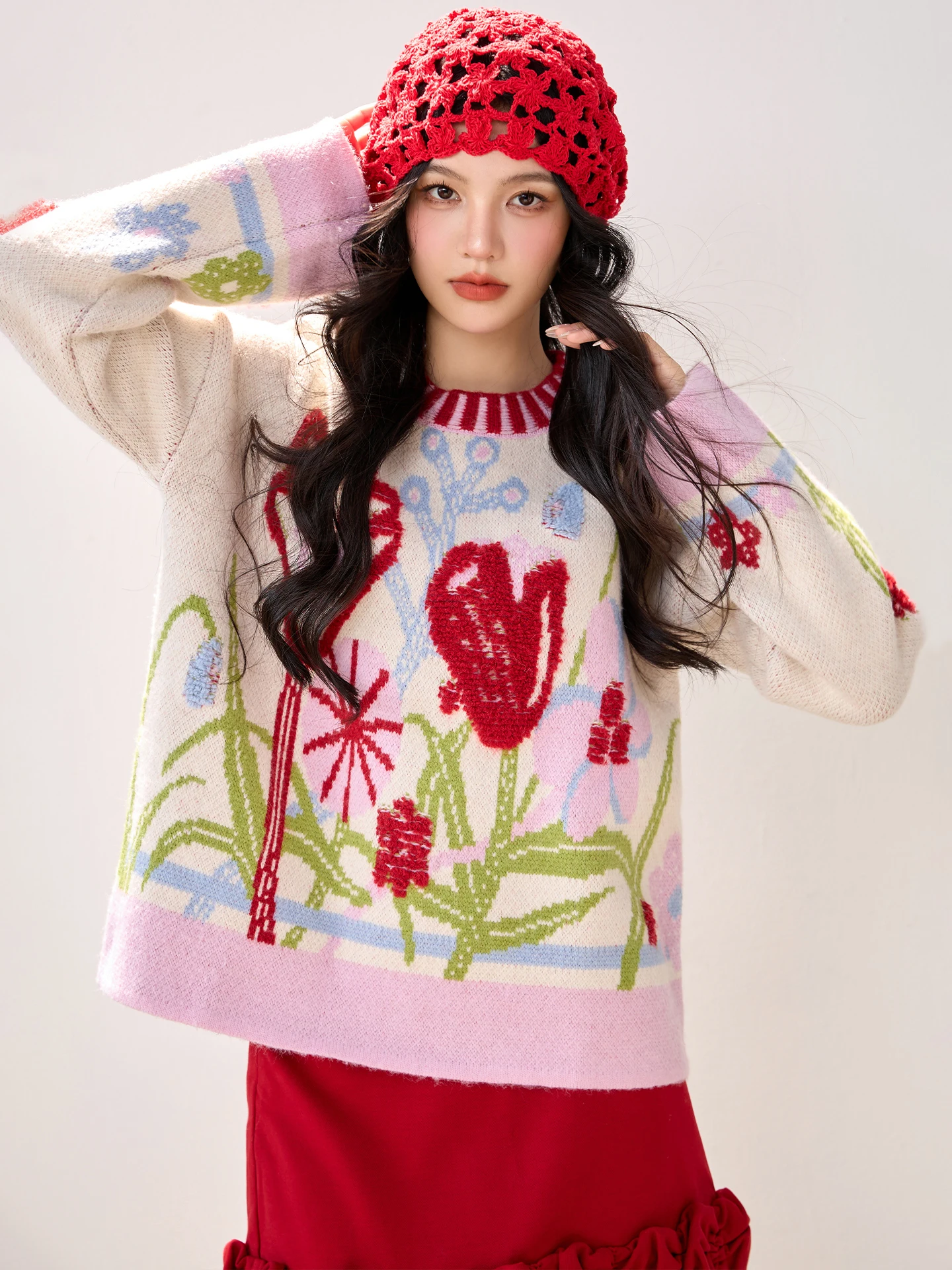 

Classic O-Neck Sweater for Women Soft Wool Blend Embroidery Floral Elegant Knitted Autumn Winter Pullovers Jumper F401