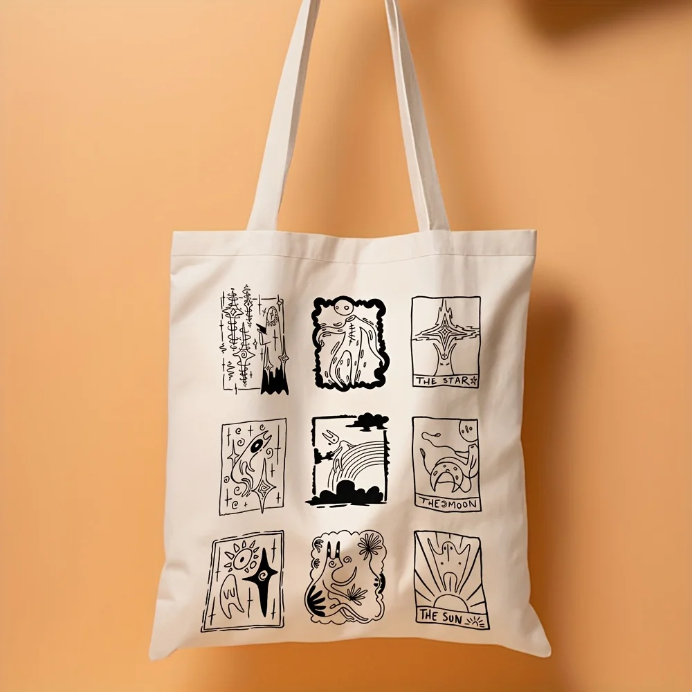 1pc Mystical Tarot Card Design Canvas Tote Bag - Reusable Grocery Bag with Artistic Illustrations of The Moon, Stars & Phases of