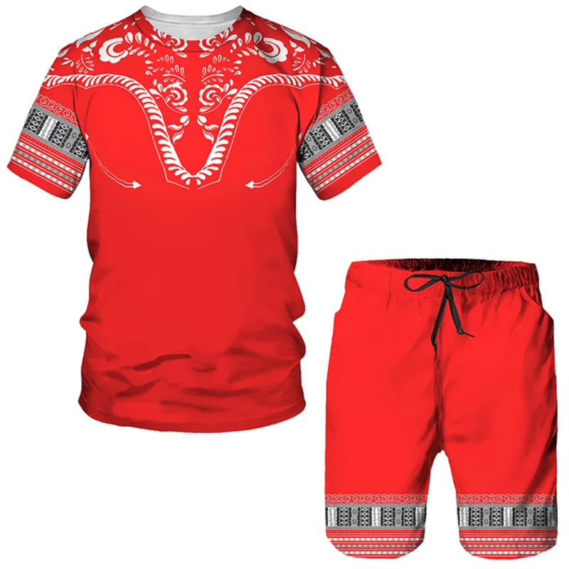 2 peça conjunto outfits africano dashiki vintage 3d impressão das mulheres dos homens de manga curta camiseta calças curtas terno treino roupas masculinas