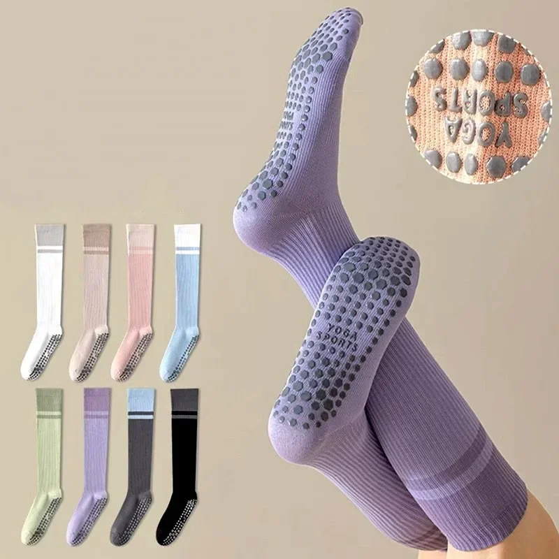 Women Colorblock Yoga Knee High Socks Anti Slip Grip Pilates Fitness Dance Long Tube Cotton Socks
