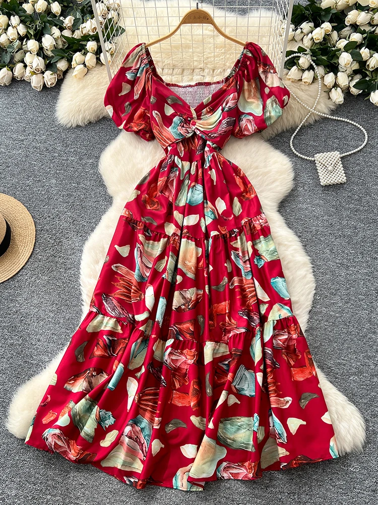 Robe longue à fleurs pour femmes, col croisé, taille cintrée, manches courtes, nouvelle mode, Sexy, plage, vacances, été, Y100