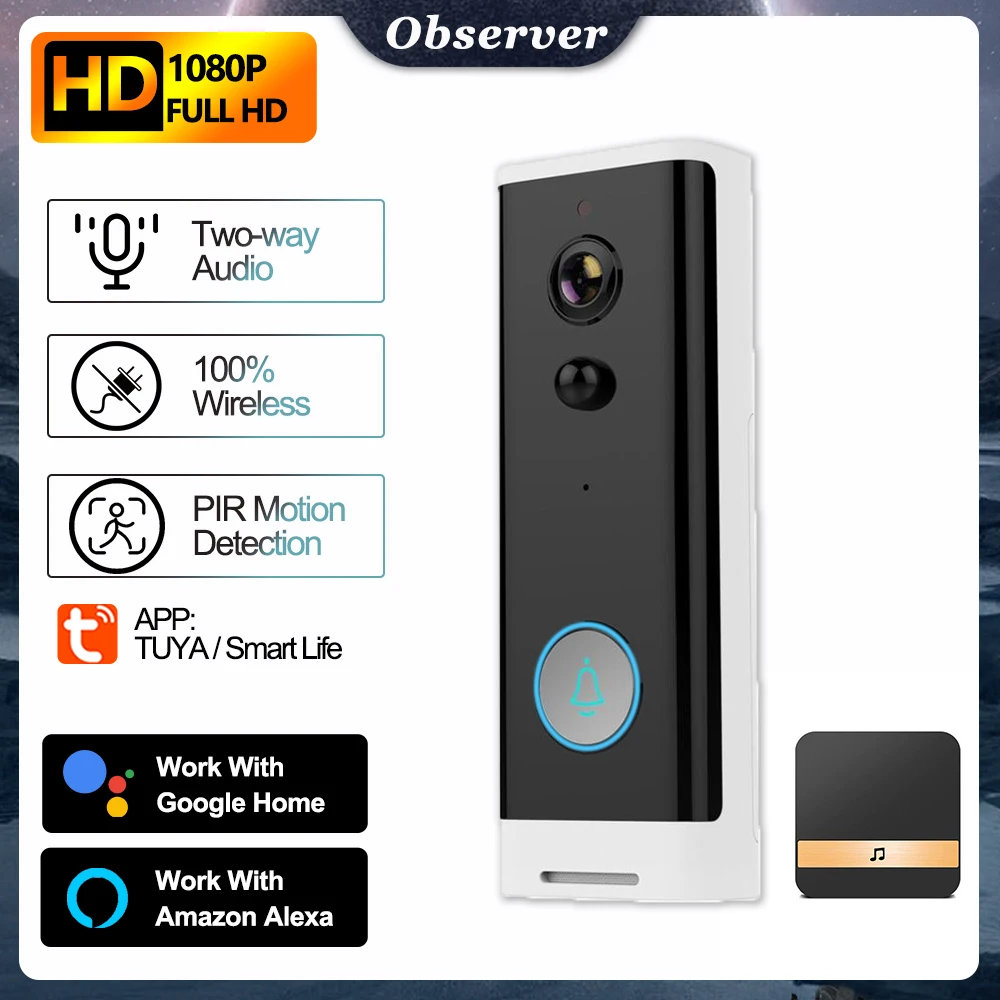 TUYA Wireless Video Doorbell 2.4G WIFI 1080P HD Door View Camera Phone Door Bell Cam Security Video Intercom Night Vision Alexa