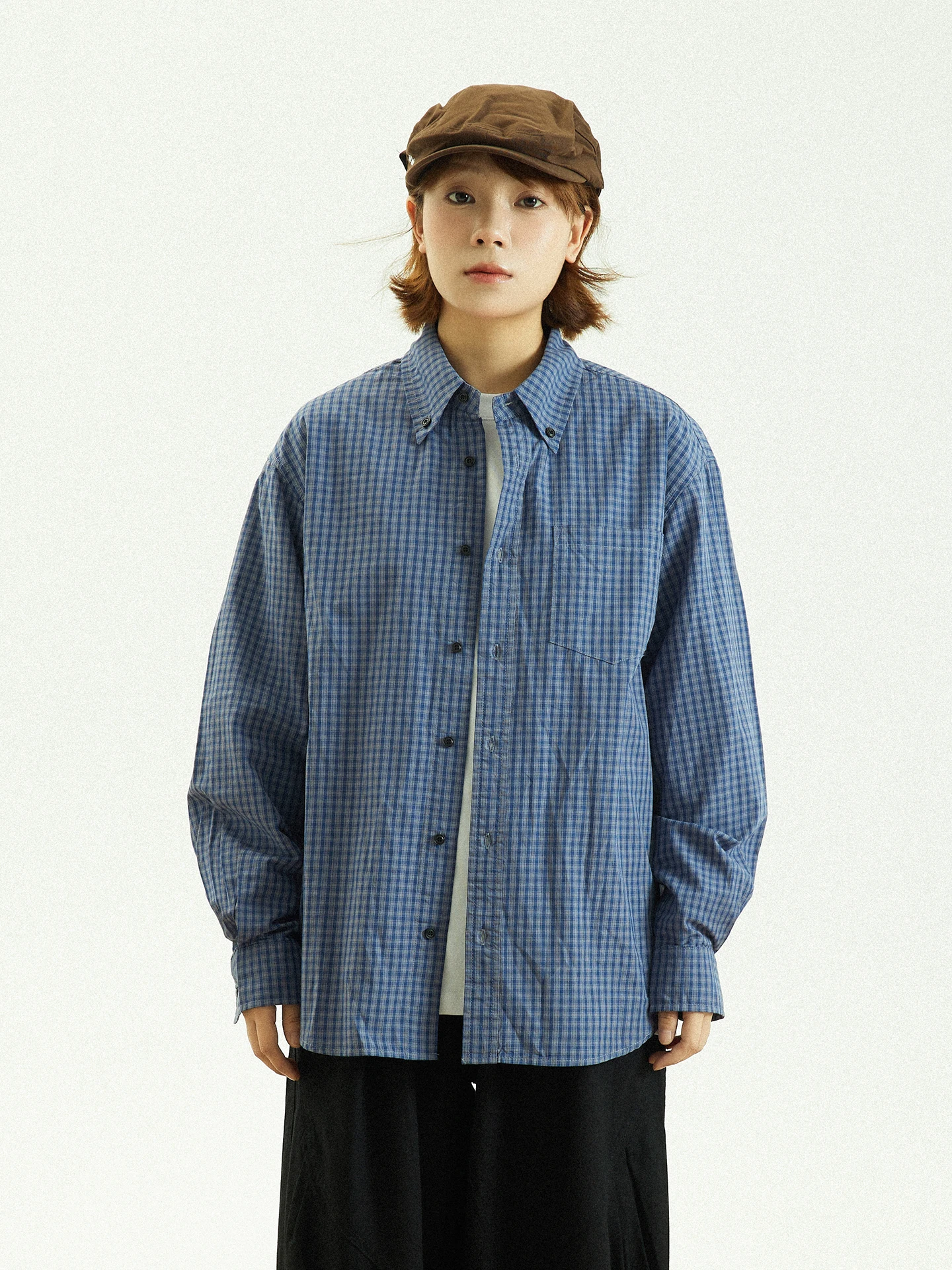 

GoodNorth Autumnal Vintage Blue irt Loose Long Sve Plaid Simple Casual Cotton Top for Men And Women