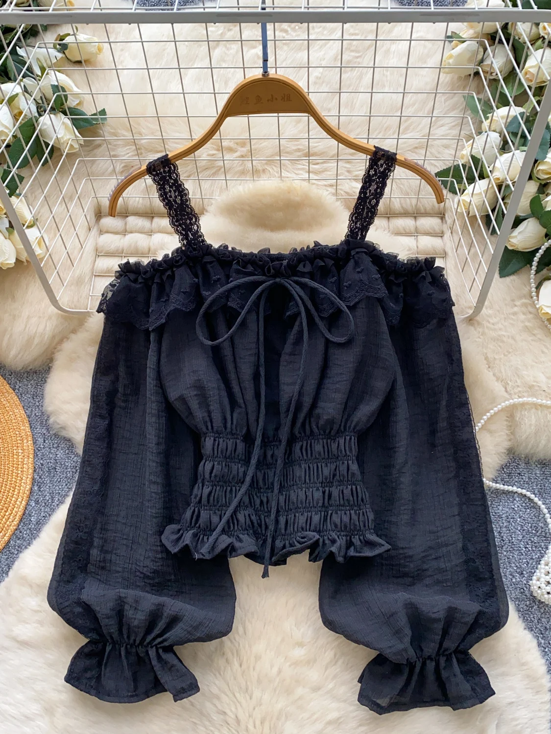 2026 New Autumn Women Sweet Slash Neck Flare Sleeve Off Shoulder Strap Shirt Lace Lace Splicing Waist up Solid Shirt Tops