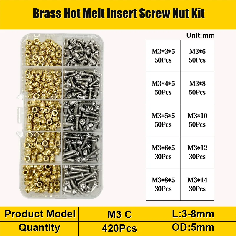 M1,4 M1,6 M2 M3 M4 M5 Messing Hot Melt Einsatz Rändelmutter und Edelstahl Schraubensatz Einsatzmutter Gewinde gerändelte Einbettungsmutter – Detail 11