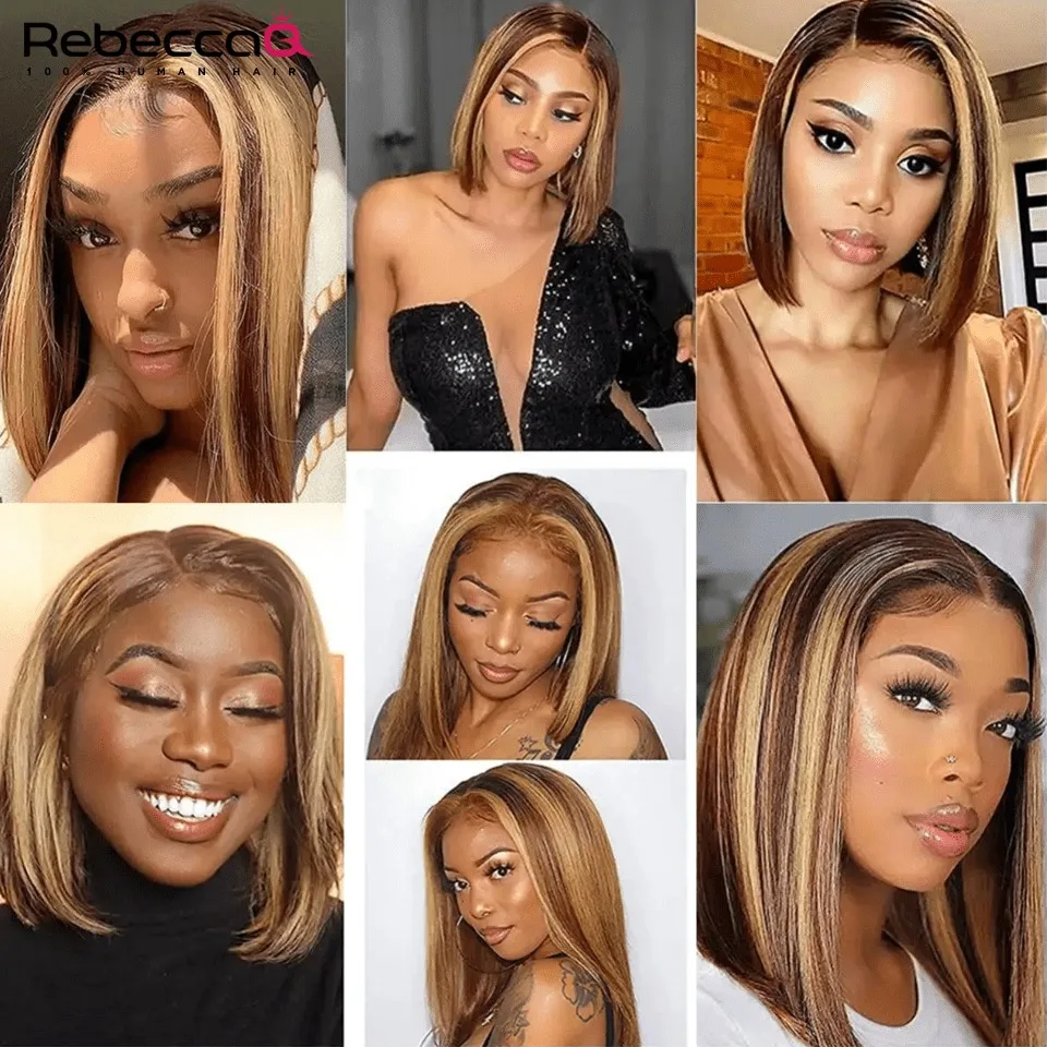 شعر مستعار أومبير بوب شعر بشري 4/27 أشقر عسلي إلى بني متدرج - كثافة 200% 13x4 HD شعر مستقيم بدانتيل أمامي مقطوع مسبقًا