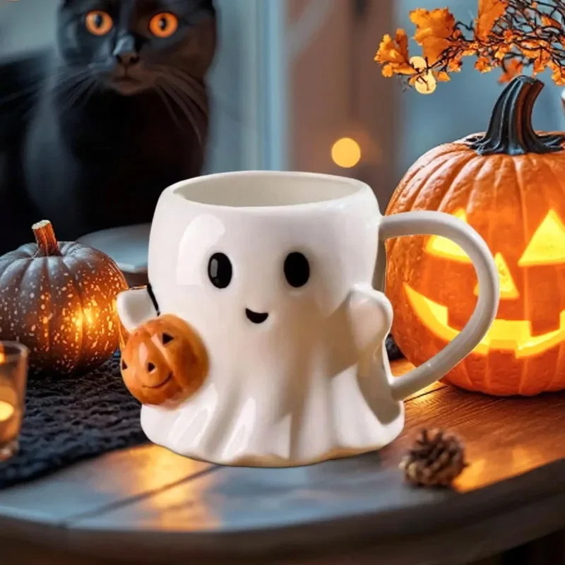 Cute Halloween Pumpkin Ghosts Ceramic Mugs Ceramic Drinking Glass With Handle Halloween Funny White Ghosts Coffee Cup