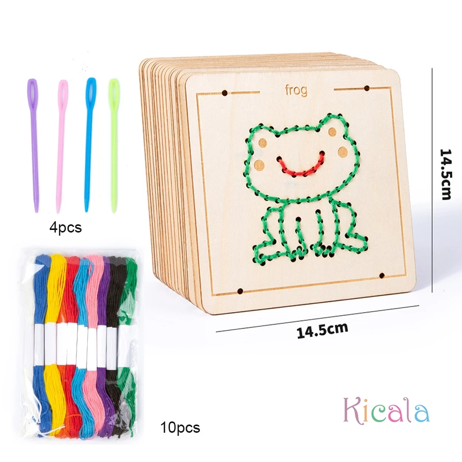 Jouets de laçage en bois Montessori, jeu de société de broderie, ensemble de filetage de motifs de dessins animés, motricité Fine, planche occupée, cadeaux pour enfants