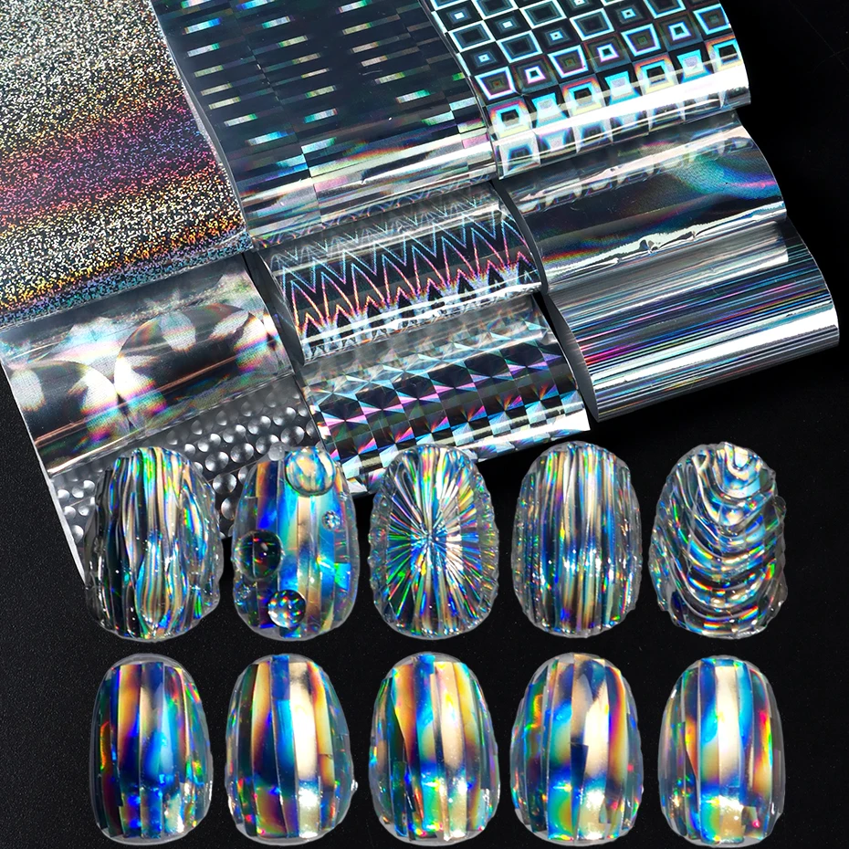 10pcs Holographic Chrome Silver Nail Art Foil Transfer Stickers Irridescent Rainbow Geometric Aurora Laser Nail Foils Decoration