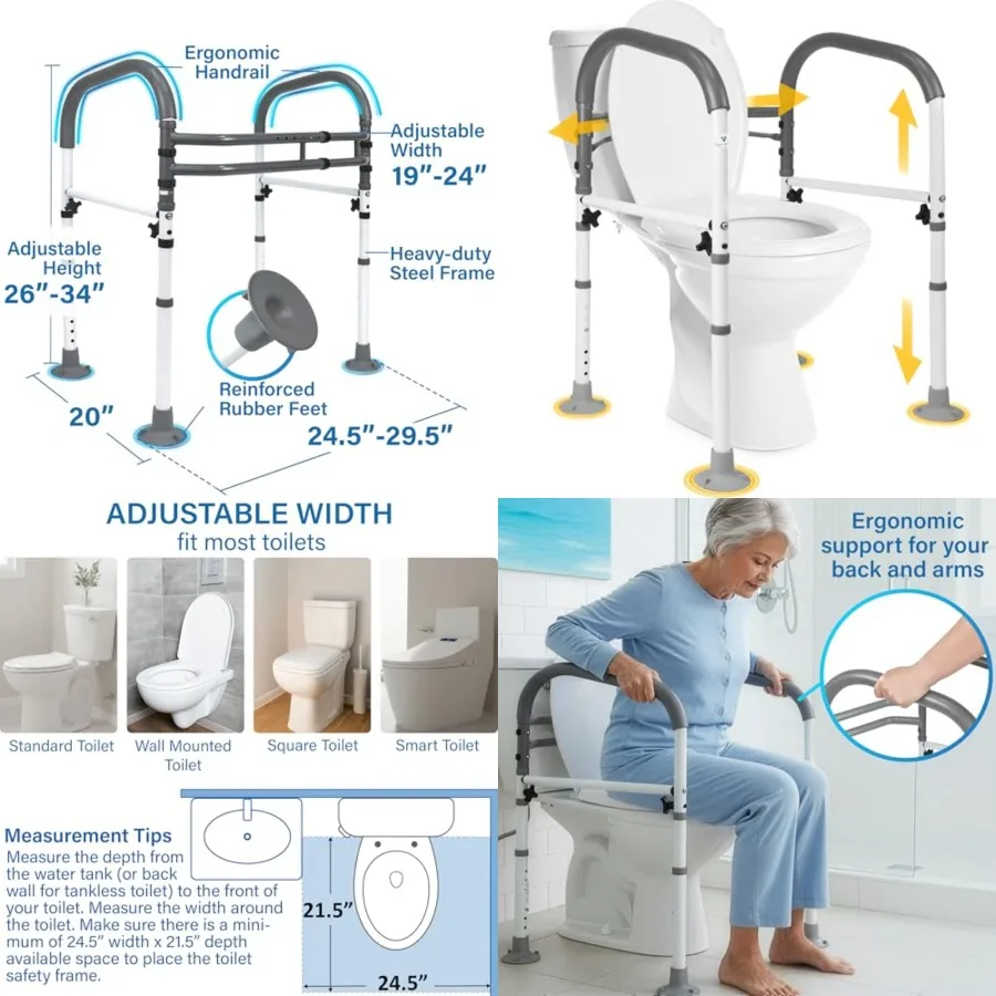 

Medical Adjustable Toilet Safety Rail for Seniors, Foldable Toilet Safety Frame for Elderly Adults, Bathroom Grab Bar Handle, T