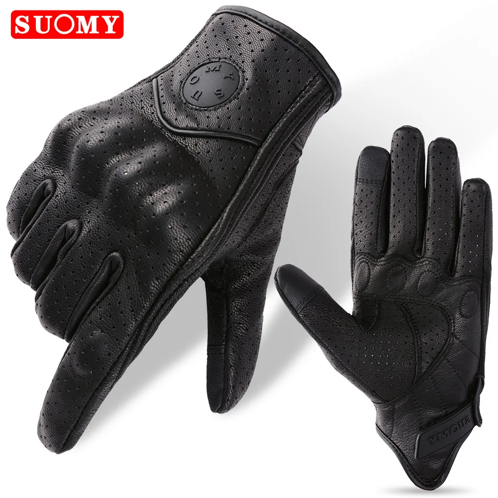 Vintage Perforated Motorcycle Gloves Leather Summer Breathable Motorbike Guantes Men Women Touch Screen Motocross Gloves