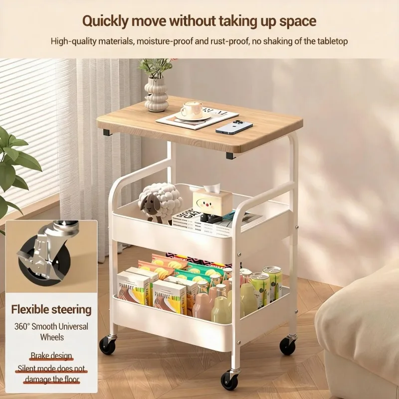 3-Tier Rolling Cart - Storage Cart with Wood Tabletop & 2 Lockable Wheels, Utility Organizer for Kitchen, Bathroom, Office Home​