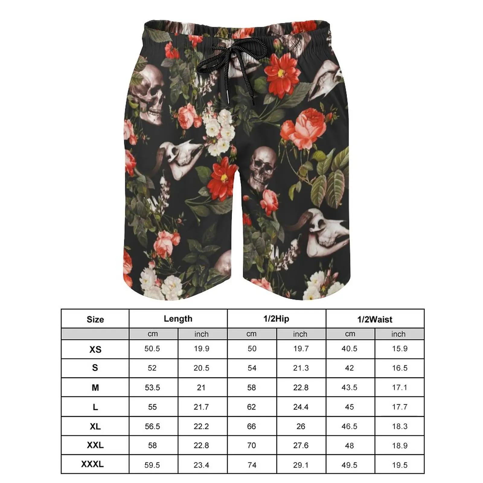 Skull Pattern Board Shorts Quality Males Beach Shorts  Garden Floral Print Daily Swim Trunks Big Size