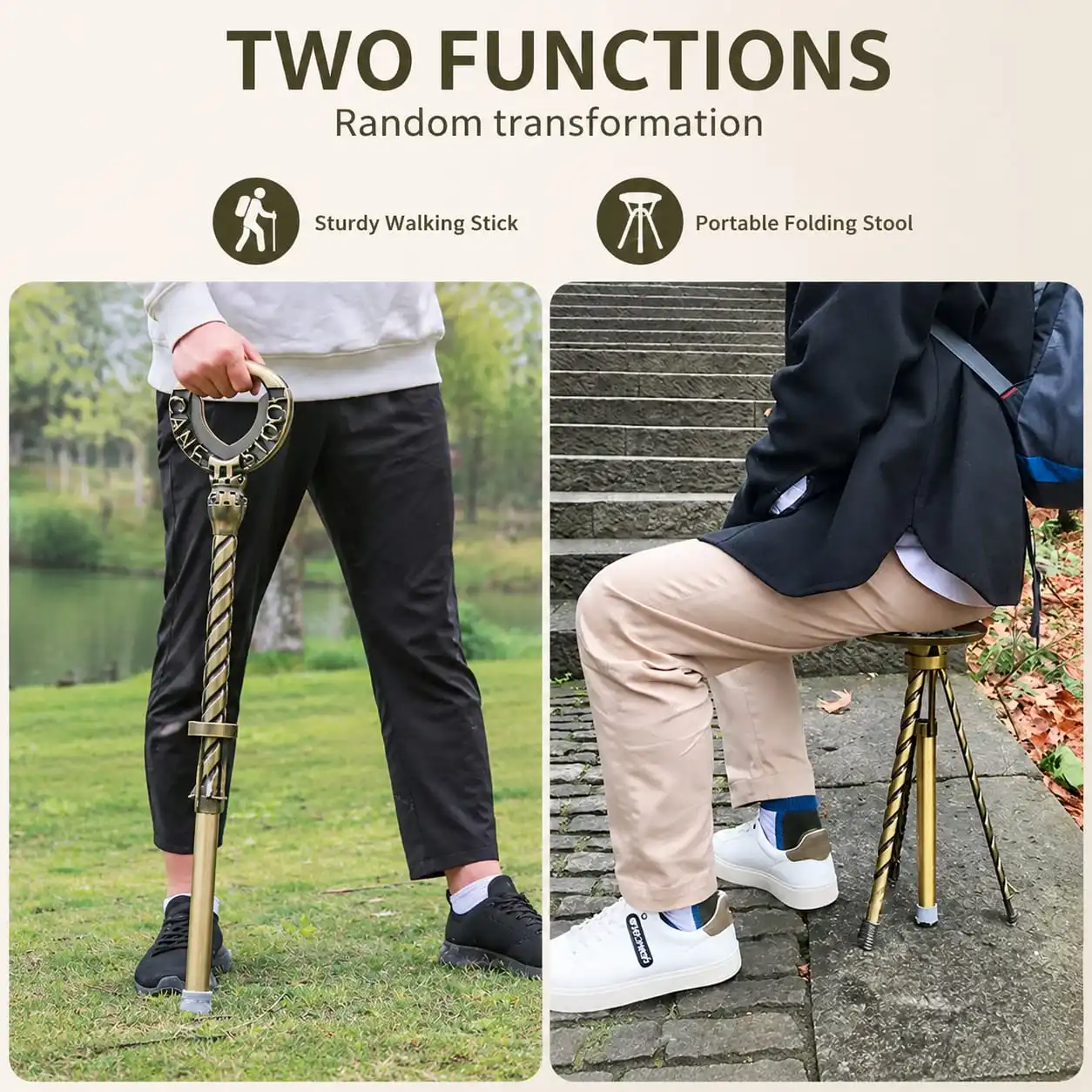 Portable Folding Stool with Non-Slip Base – Lightweight Outdoor Seat, Walking Stick Hybrid for Beach, Hiking, and Senior Use