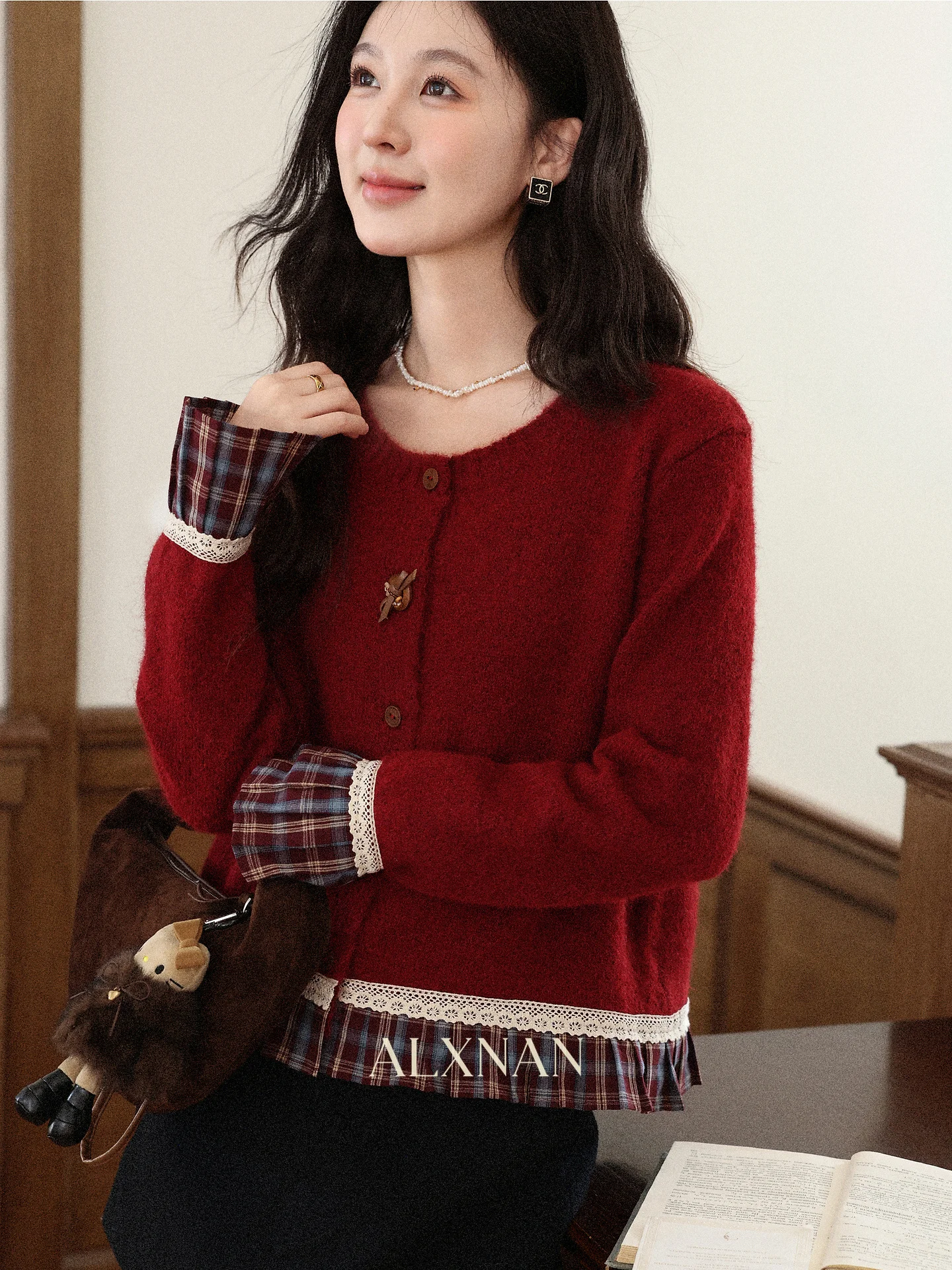 

Red Knitted Sweater Women's Autumn Winter Vintage Sle round Ne Patchwork Top Ele Faion Online Exclusive Straight Cut