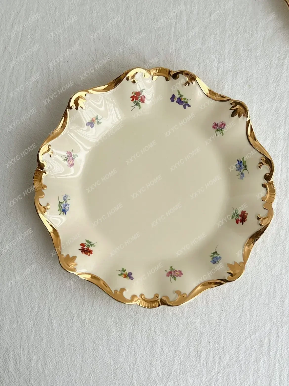 Light Luxury High-Grade Small Floral Drawing Gold Plate Similar to Plum Beige Ceramic Plate Dish