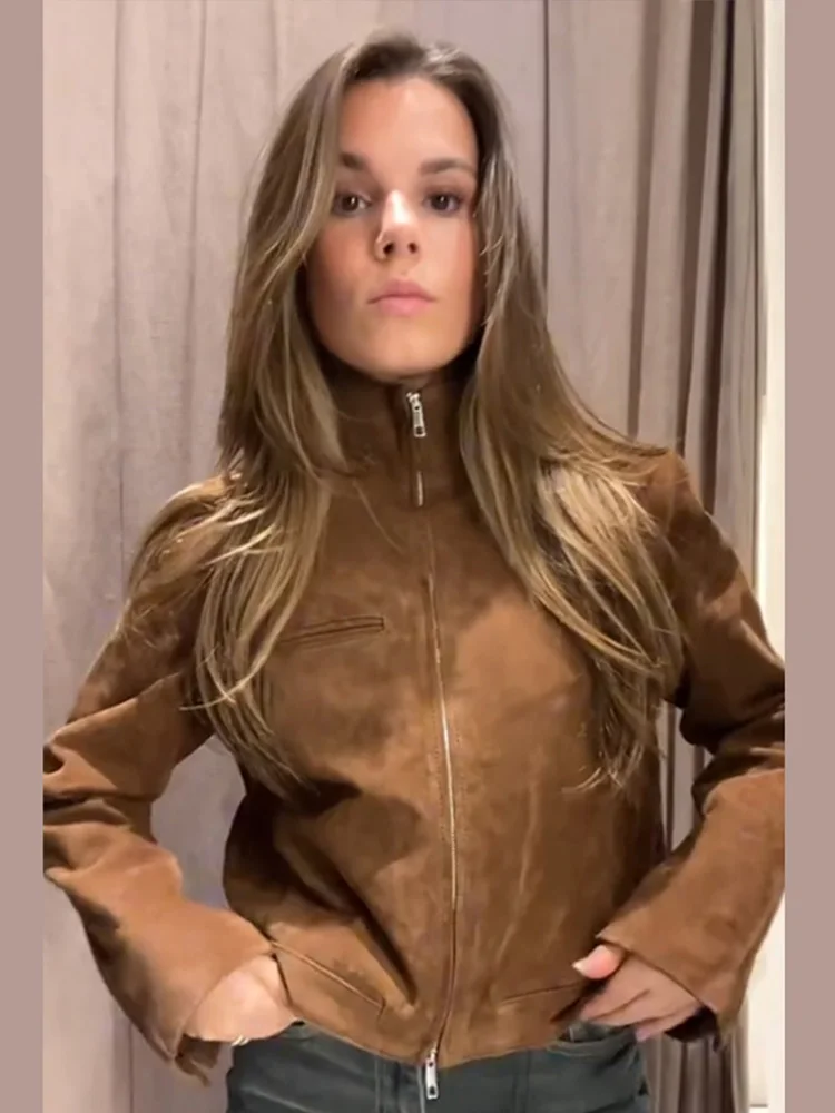 Suede Leather Short Jacket Coat Zipper Stand Collar Vintage Casual