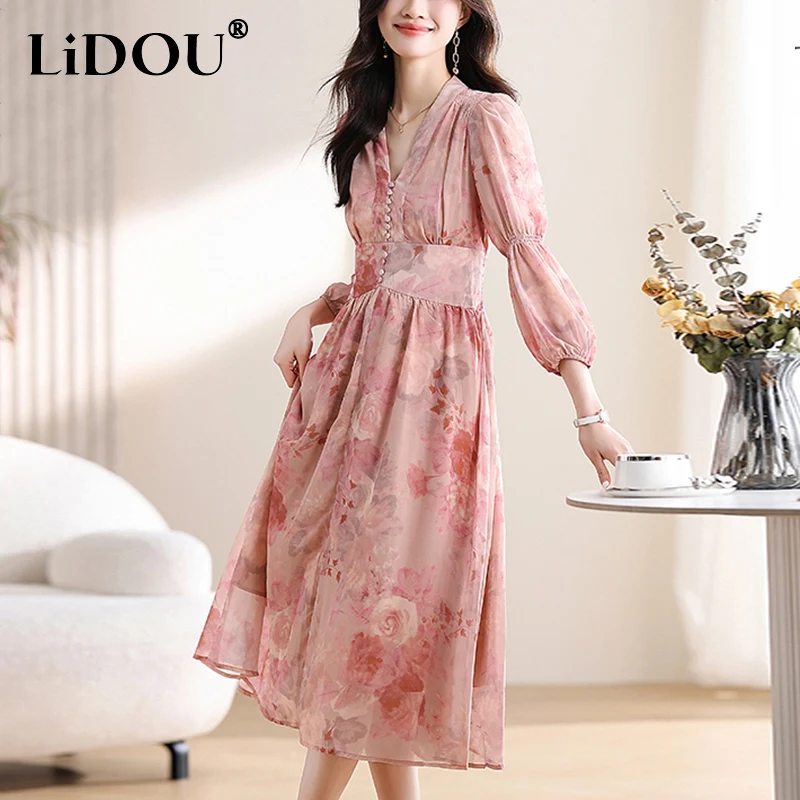 

Spring Autumn V-neck Elegant Fashion Waist Women Lantern Long Sleeve Temperament Midi Vestidos Ladies Casual Beach Holiday Robe
